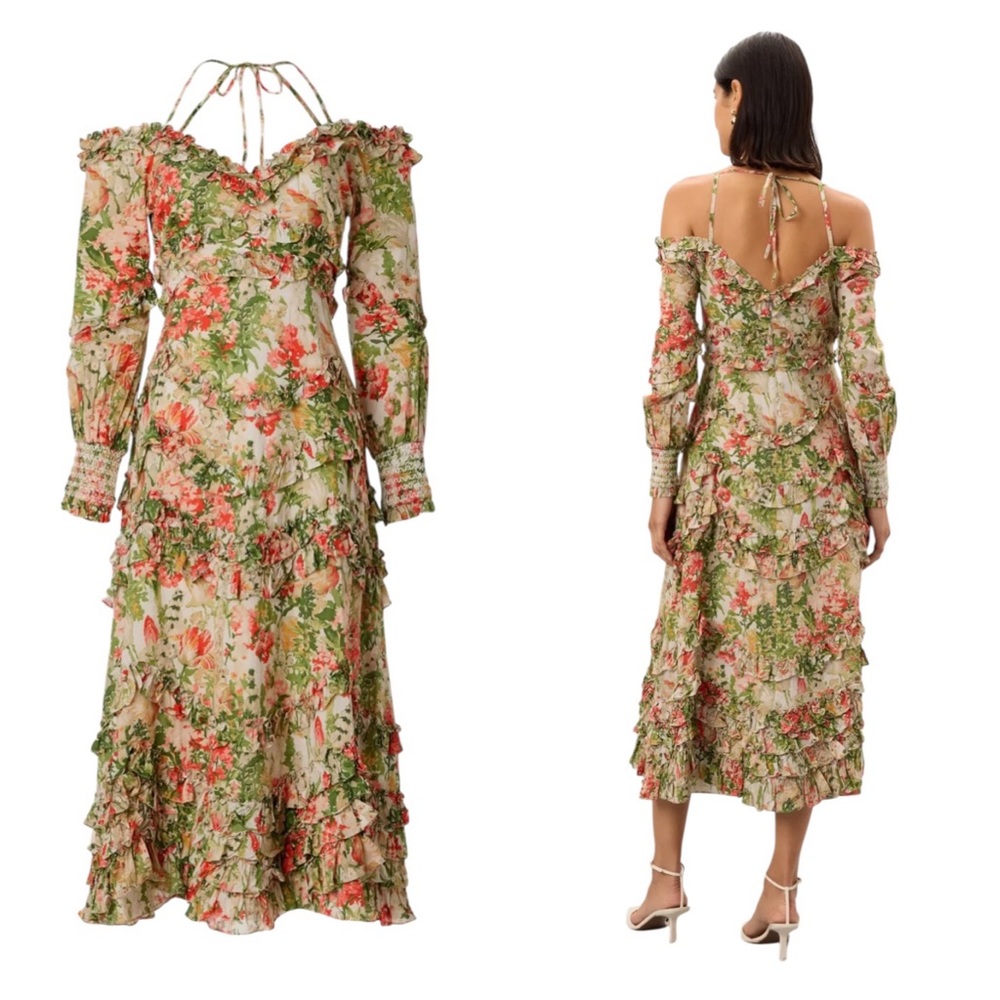 Floral Long Sleeve Ruffle Detail Dress by Ieena for Mac Duggal | size 12